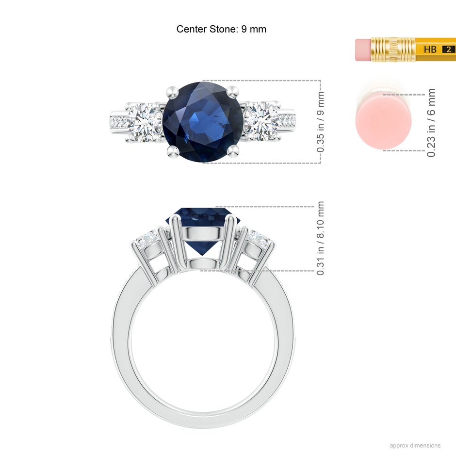9mm AA Classic Three Stone Blue Sapphire and Diamond Ring in P950 Platinum ruler
