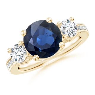 9mm AA Classic Three Stone Blue Sapphire and Diamond Ring in Yellow Gold