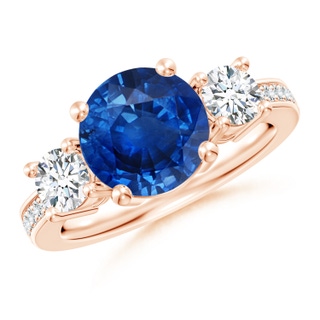 9mm AAA Classic Three Stone Blue Sapphire and Diamond Ring in 10K Rose Gold