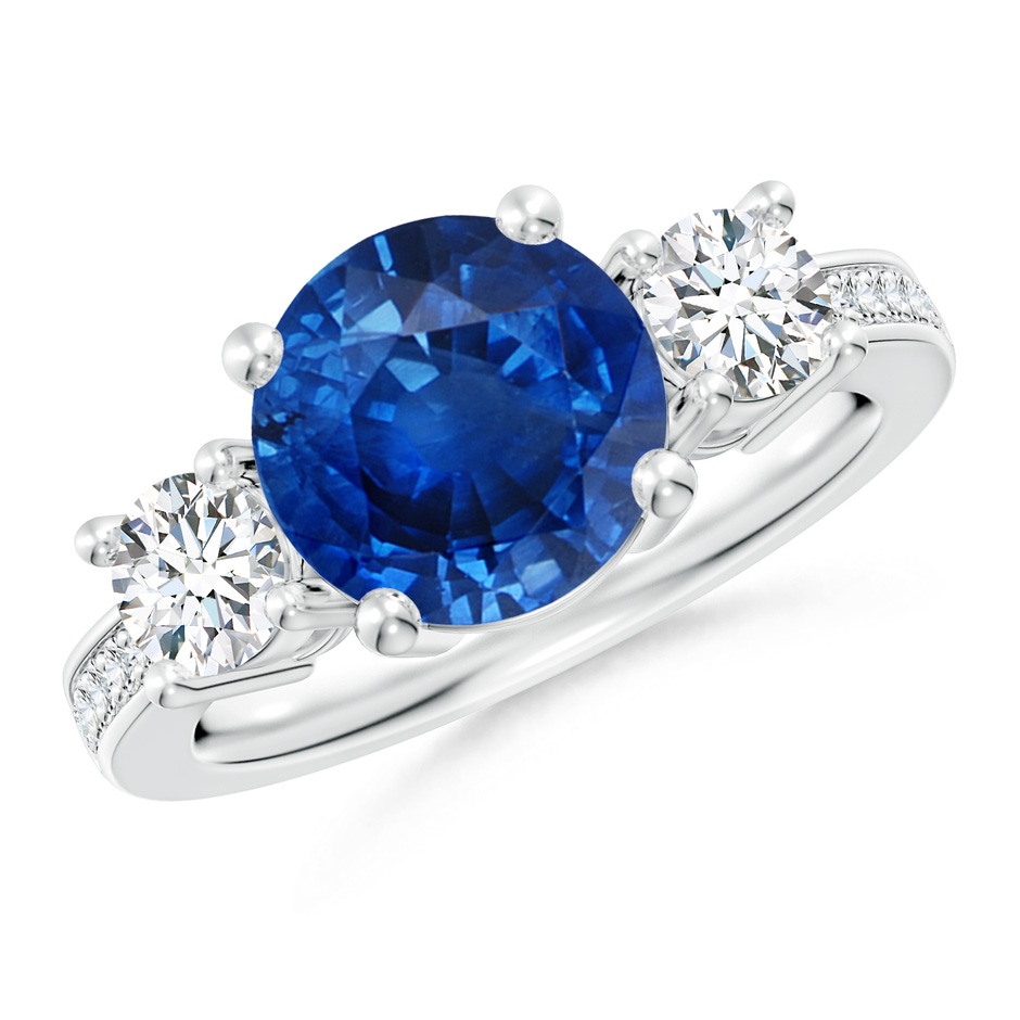 9mm AAA Classic Three Stone Blue Sapphire and Diamond Ring in White Gold 