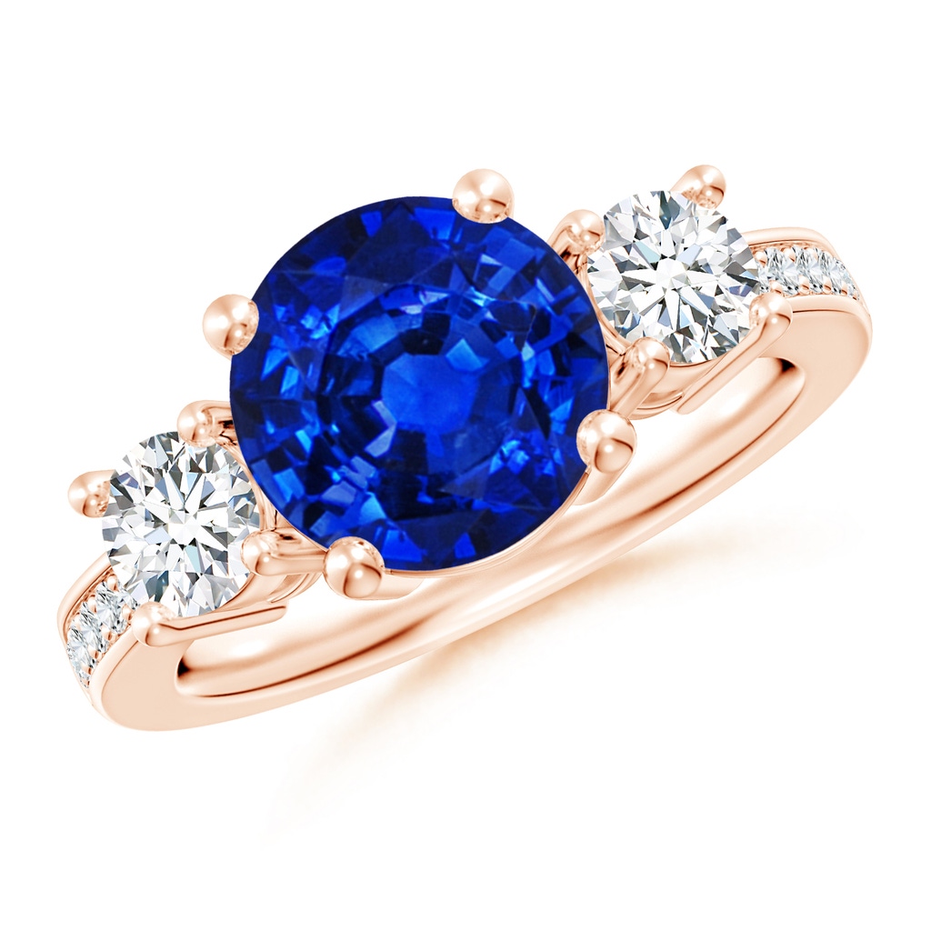 9mm AAAA Classic Three Stone Blue Sapphire and Diamond Ring in 10K Rose Gold
