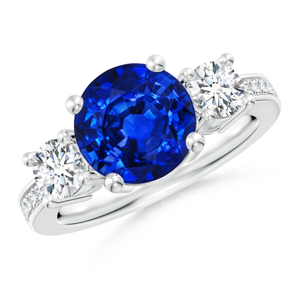 9mm AAAA Classic Three Stone Blue Sapphire and Diamond Ring in P950 Platinum