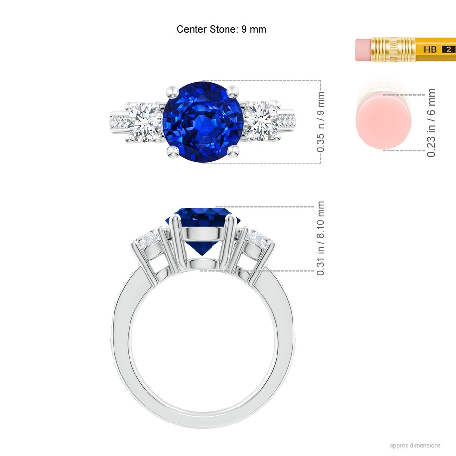 9mm AAAA Classic Three Stone Blue Sapphire and Diamond Ring in P950 Platinum ruler