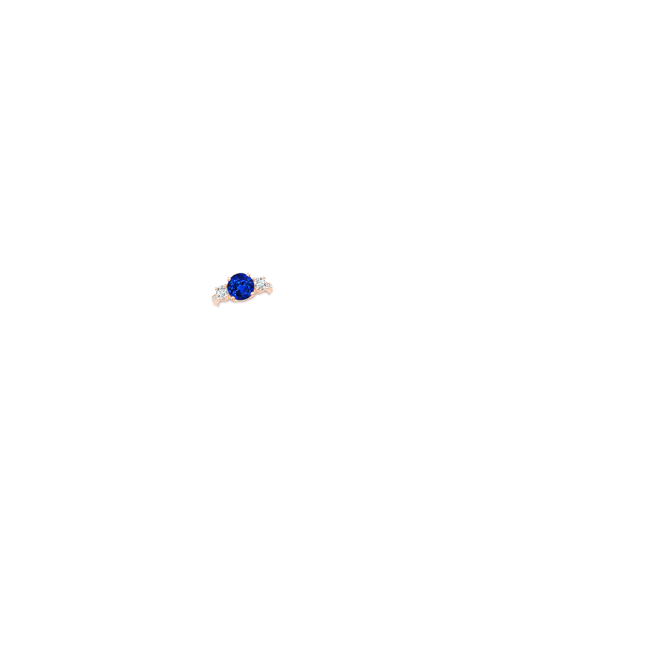 9mm AAAA Classic Three Stone Blue Sapphire and Diamond Ring in Rose Gold hand