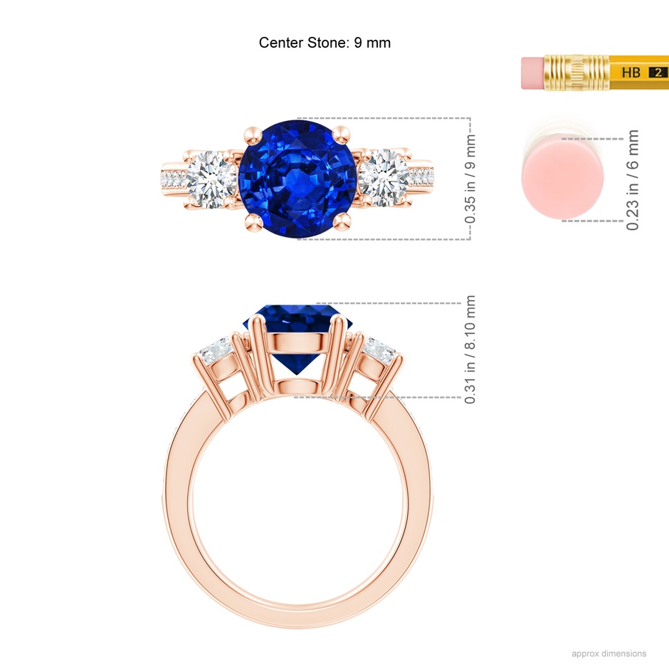 9mm AAAA Classic Three Stone Blue Sapphire and Diamond Ring in Rose Gold ruler