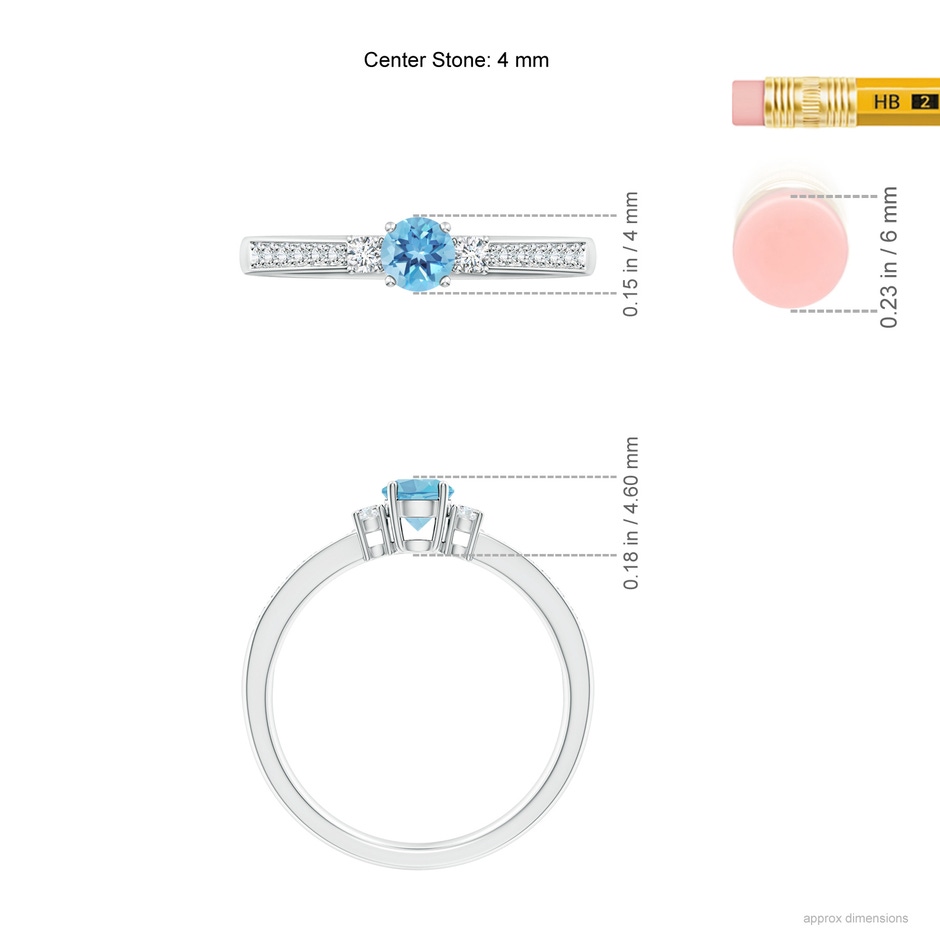 4mm A Classic Three Stone Round Swiss Blue Topaz and Diamond Engagement Ring in P950 Platinum ruler