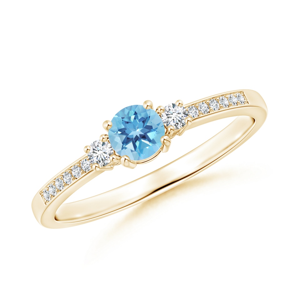 4mm A Classic Three Stone Round Swiss Blue Topaz and Diamond Engagement Ring in Yellow Gold 