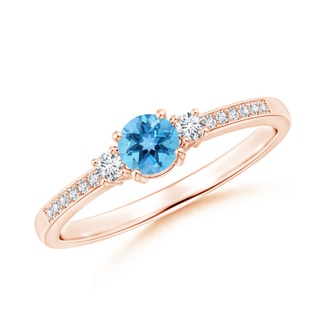 4mm AA Classic Three Stone Swiss Blue Topaz and Diamond Ring in 9K Rose Gold