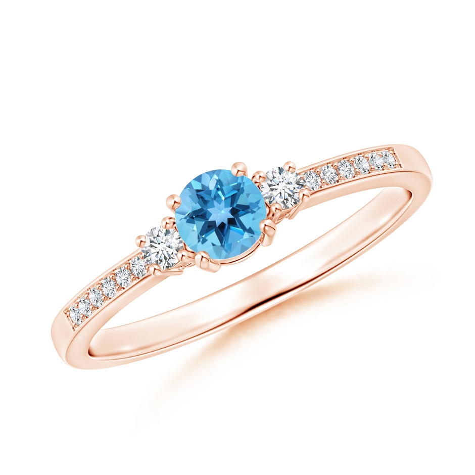 4mm AA Classic Three Stone Round Swiss Blue Topaz and Diamond Engagement Ring in Rose Gold 