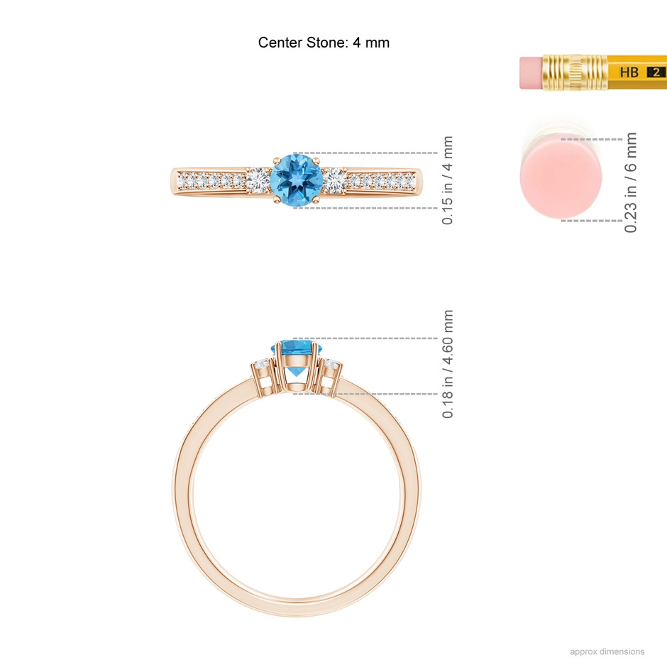 4mm AA Classic Three Stone Round Swiss Blue Topaz and Diamond Engagement Ring in Rose Gold ruler