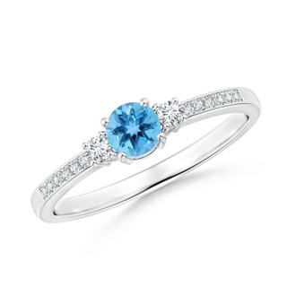 4mm AA Classic Three Stone Swiss Blue Topaz and Diamond Ring in White Gold