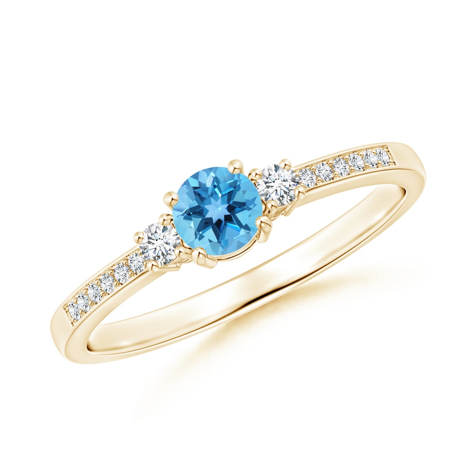4mm AA Classic Three Stone Round Swiss Blue Topaz and Diamond Engagement Ring in Yellow Gold 