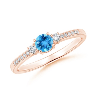 4mm AAA Classic Three Stone Swiss Blue Topaz and Diamond Ring in 9K Rose Gold