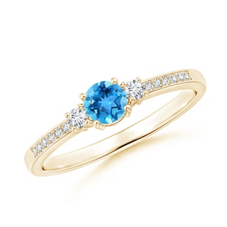 4mm AAA Classic Three Stone Swiss Blue Topaz and Diamond Ring in 9K Yellow Gold