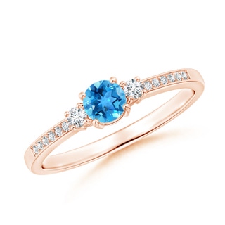 4mm AAA Classic Three Stone Swiss Blue Topaz and Diamond Ring in Rose Gold