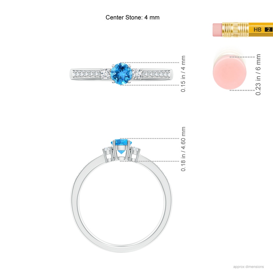 4mm AAA Classic Three Stone Round Swiss Blue Topaz and Diamond Engagement Ring in White Gold ruler