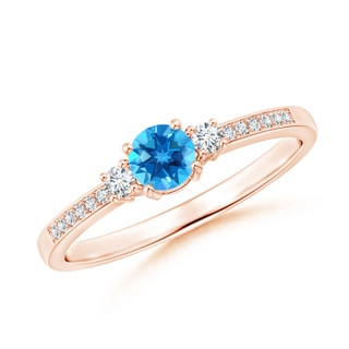 4mm AAAA Classic Three Stone Swiss Blue Topaz and Diamond Ring in 9K Rose Gold
