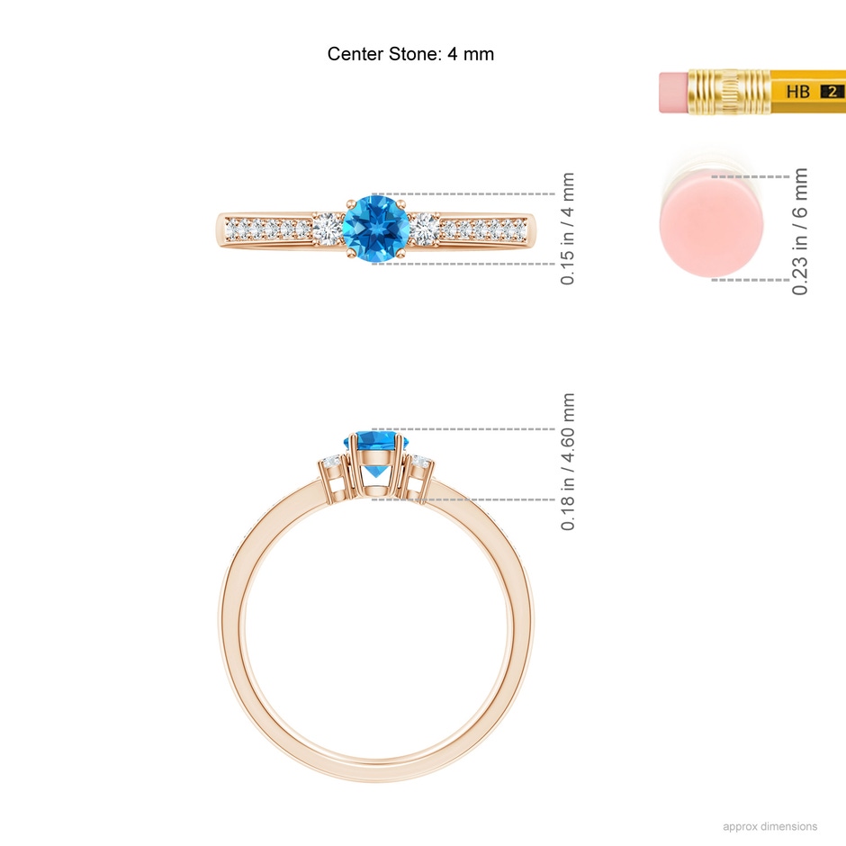 4mm AAAA Classic Three Stone Round Swiss Blue Topaz and Diamond Engagement Ring in 9K Rose Gold ruler