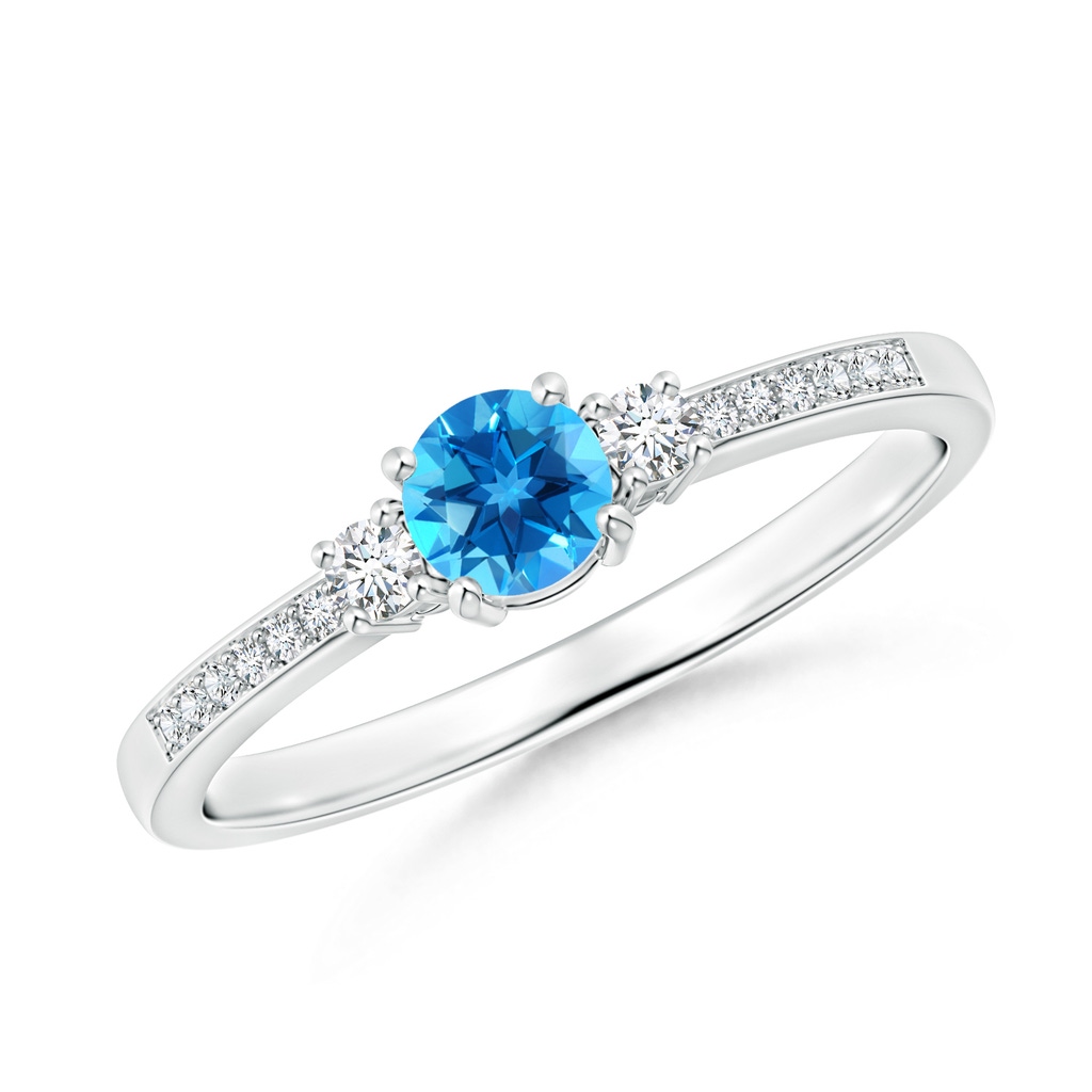 4mm AAAA Classic Three Stone Round Swiss Blue Topaz and Diamond Engagement Ring in P950 Platinum