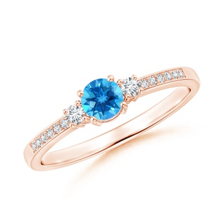 4mm AAAA Classic Three Stone Swiss Blue Topaz and Diamond Ring in Rose Gold