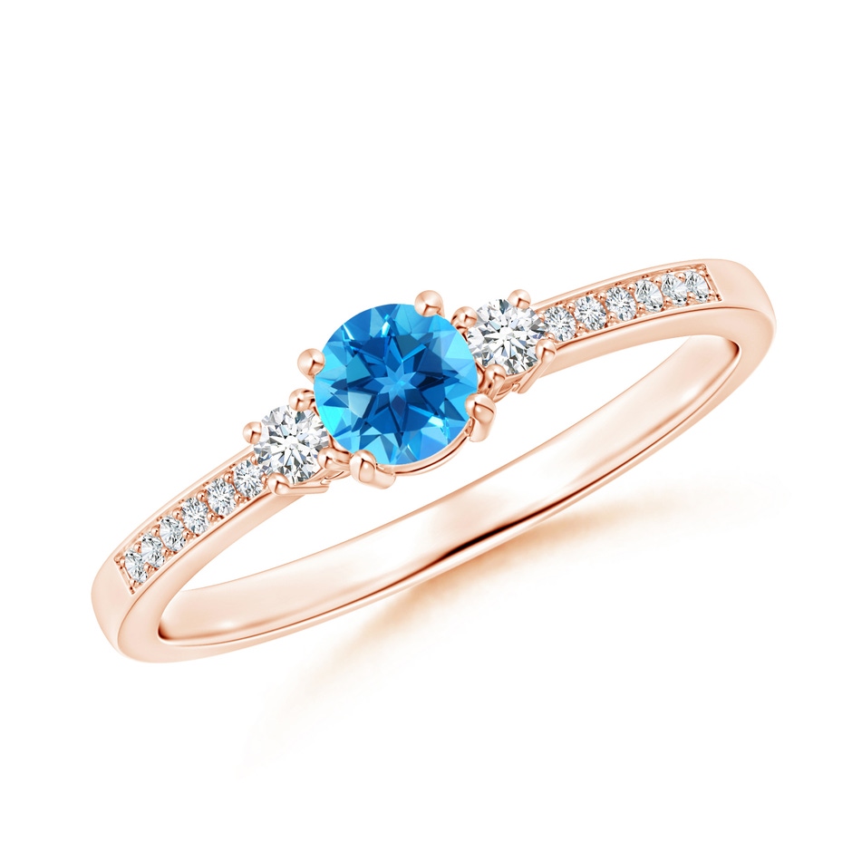 4mm AAAA Classic Three Stone Round Swiss Blue Topaz and Diamond Engagement Ring in Rose Gold 