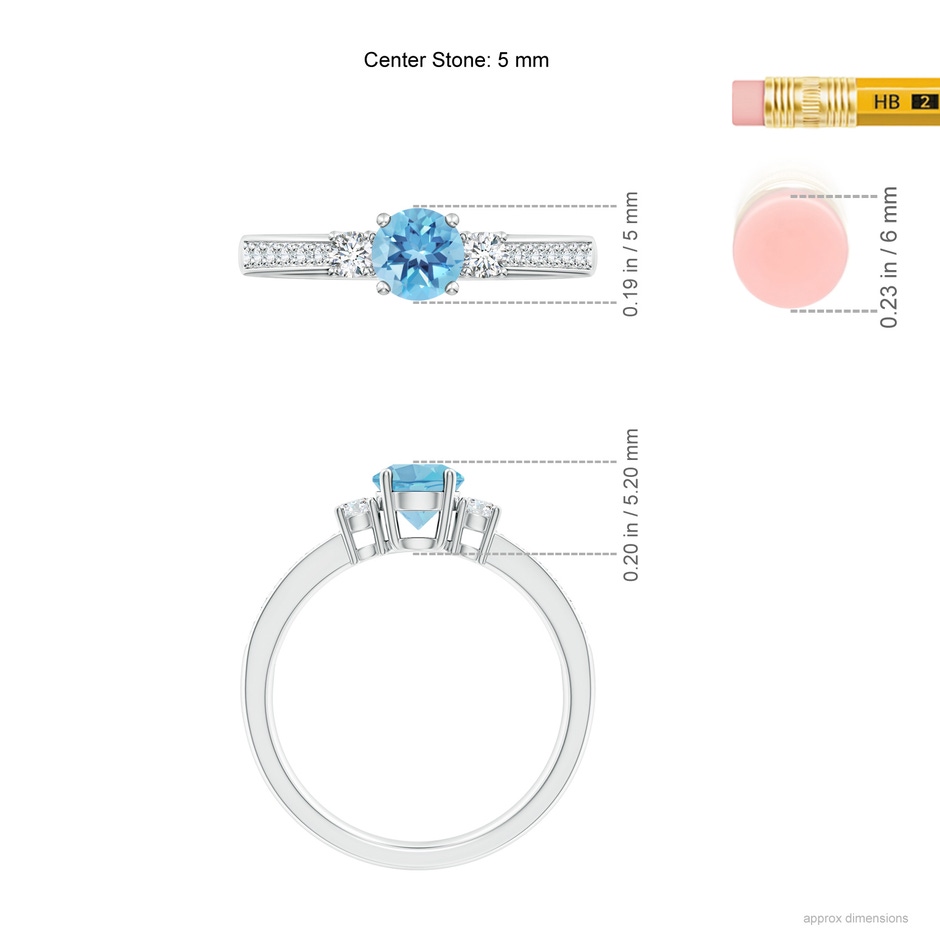 5mm A Classic Three Stone Round Swiss Blue Topaz and Diamond Engagement Ring in P950 Platinum ruler