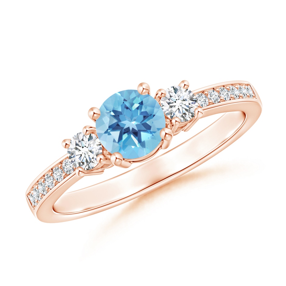 5mm A Classic Three Stone Round Swiss Blue Topaz and Diamond Engagement Ring in Rose Gold 