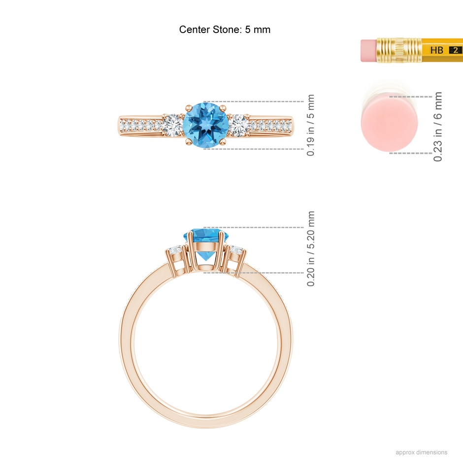 5mm AA Classic Three Stone Round Swiss Blue Topaz and Diamond Engagement Ring in Rose Gold ruler
