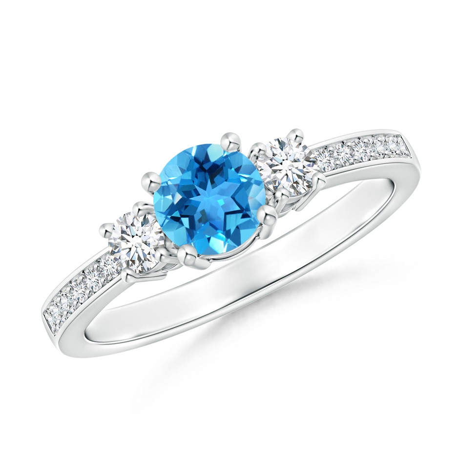 5mm AAA Classic Three Stone Swiss Blue Topaz and Diamond Ring in 9K White Gold 