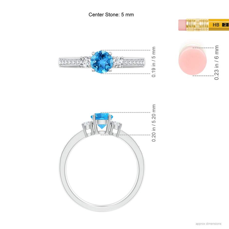 5mm AAA Classic Three Stone Swiss Blue Topaz and Diamond Ring in White Gold ruler