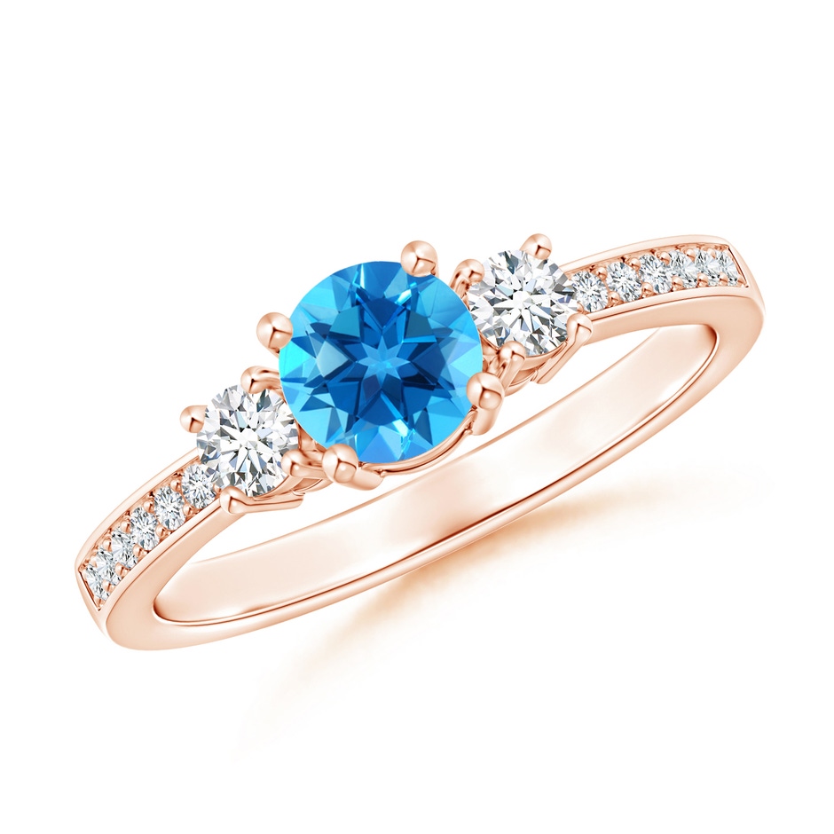 5mm AAAA Classic Three Stone Round Swiss Blue Topaz and Diamond Engagement Ring in Rose Gold 