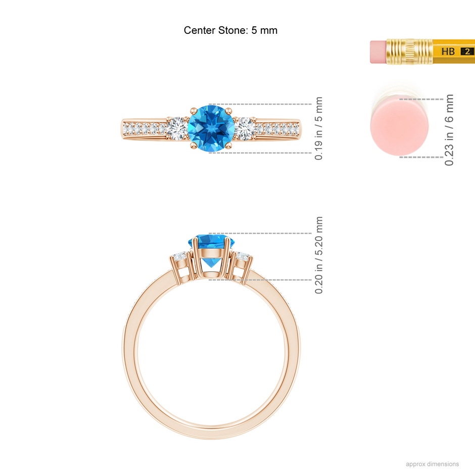 5mm AAAA Classic Three Stone Round Swiss Blue Topaz and Diamond Engagement Ring in Rose Gold ruler
