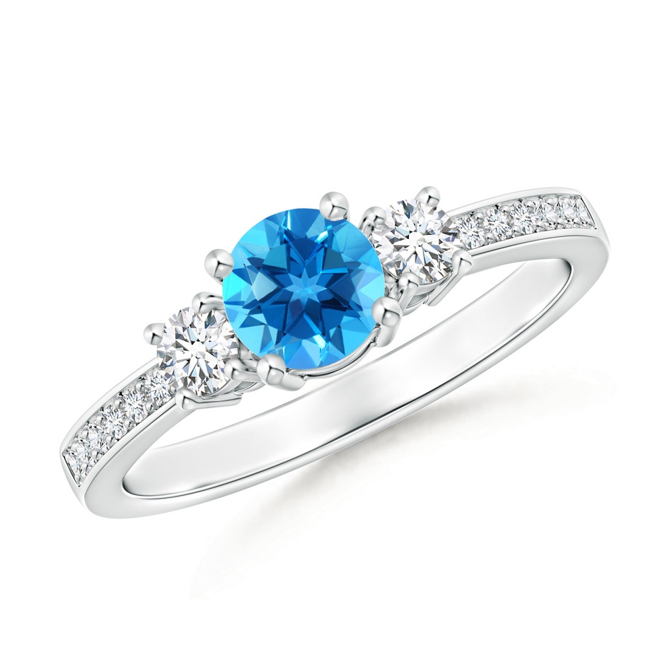 5mm AAAA Classic Three Stone Round Swiss Blue Topaz and Diamond Engagement Ring in White Gold 
