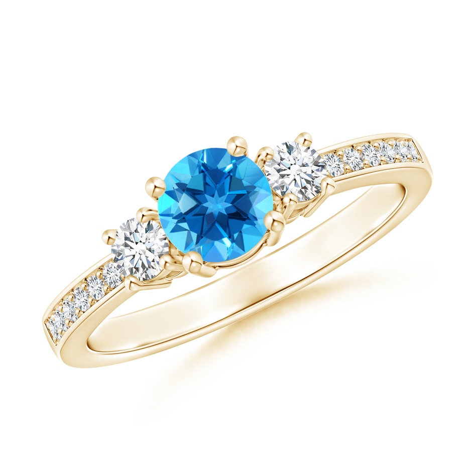 5mm AAAA Classic Three Stone Round Swiss Blue Topaz and Diamond Engagement Ring in Yellow Gold 