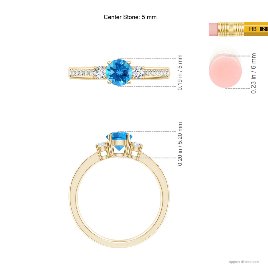 5mm AAAA Classic Three Stone Round Swiss Blue Topaz and Diamond Engagement Ring in Yellow Gold ruler
