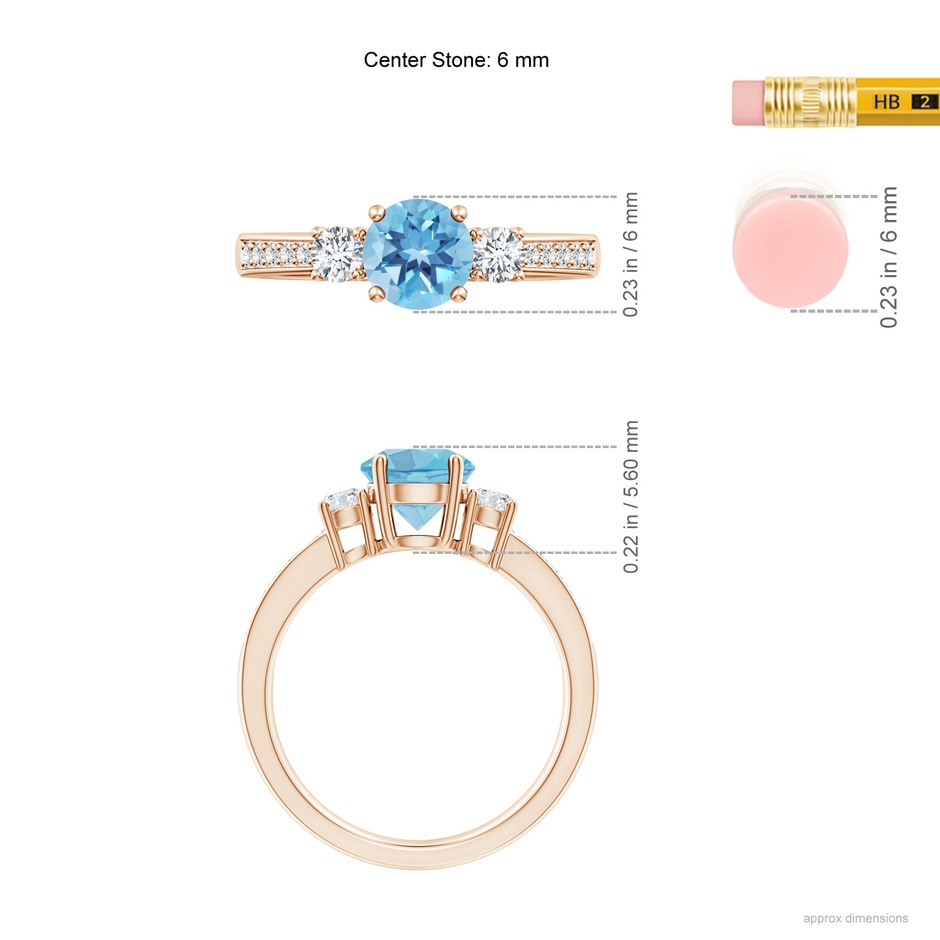 6mm A Classic Three Stone Round Swiss Blue Topaz and Diamond Engagement Ring in Rose Gold ruler