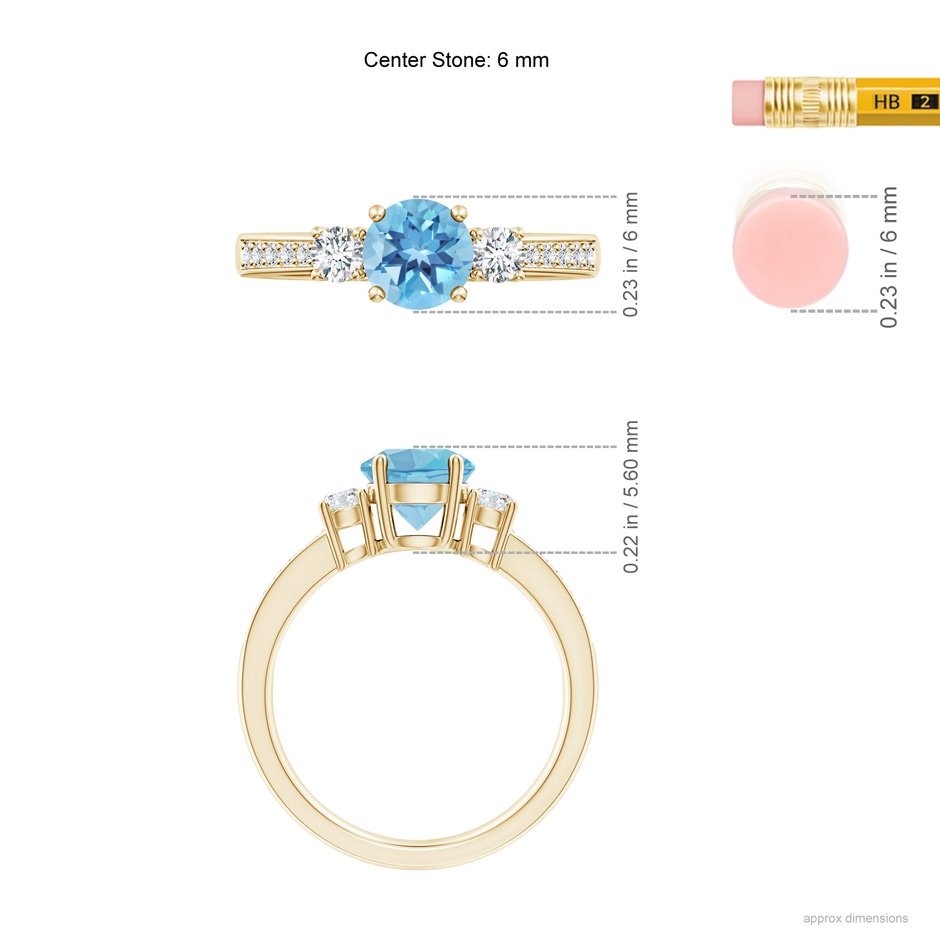 6mm A Classic Three Stone Round Swiss Blue Topaz and Diamond Engagement Ring in Yellow Gold ruler