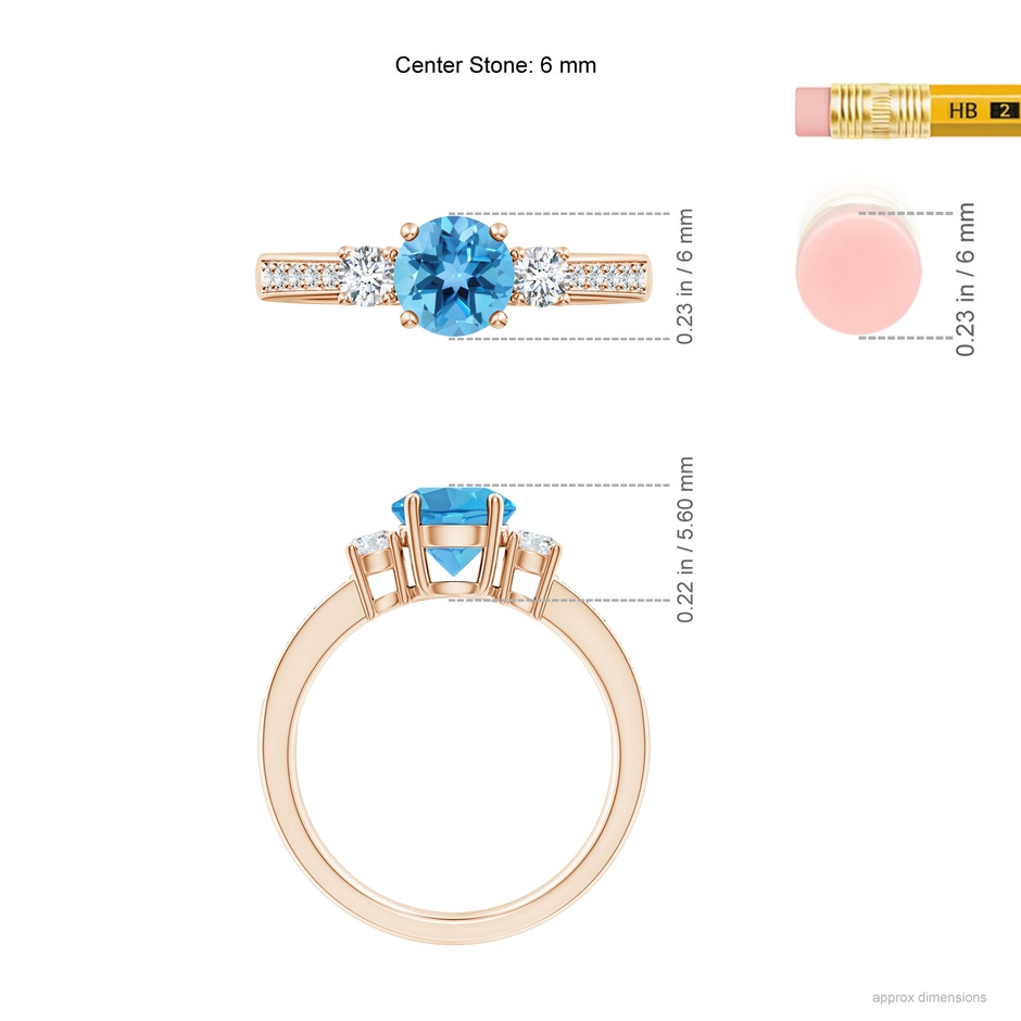 6mm AA Classic Three Stone Round Swiss Blue Topaz and Diamond Engagement Ring in Rose Gold ruler
