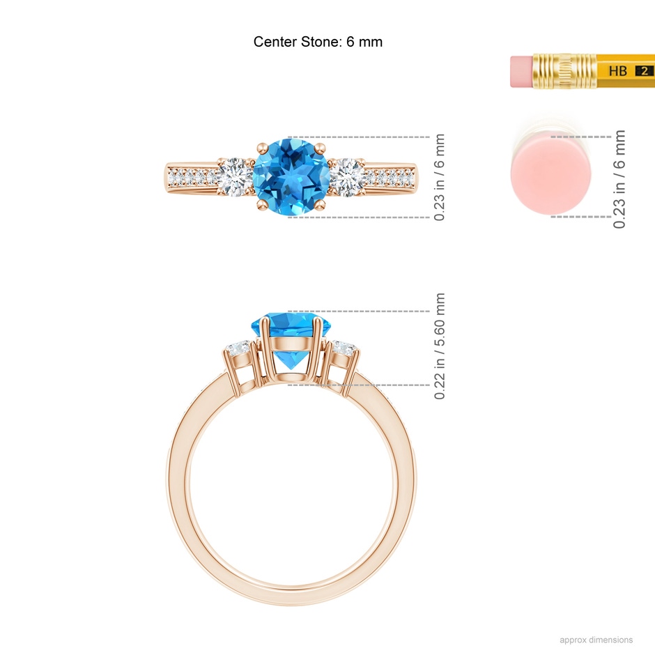 6mm AAA Classic Three Stone Round Swiss Blue Topaz and Diamond Engagement Ring in Rose Gold ruler