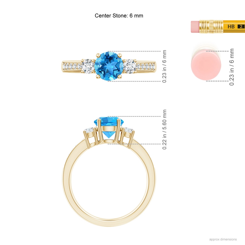 6mm AAA Classic Three Stone Round Swiss Blue Topaz and Diamond Engagement Ring in Yellow Gold ruler