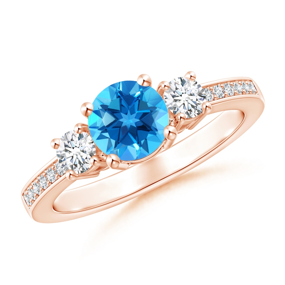 6mm AAAA Classic Three Stone Round Swiss Blue Topaz and Diamond Engagement Ring in Rose Gold 