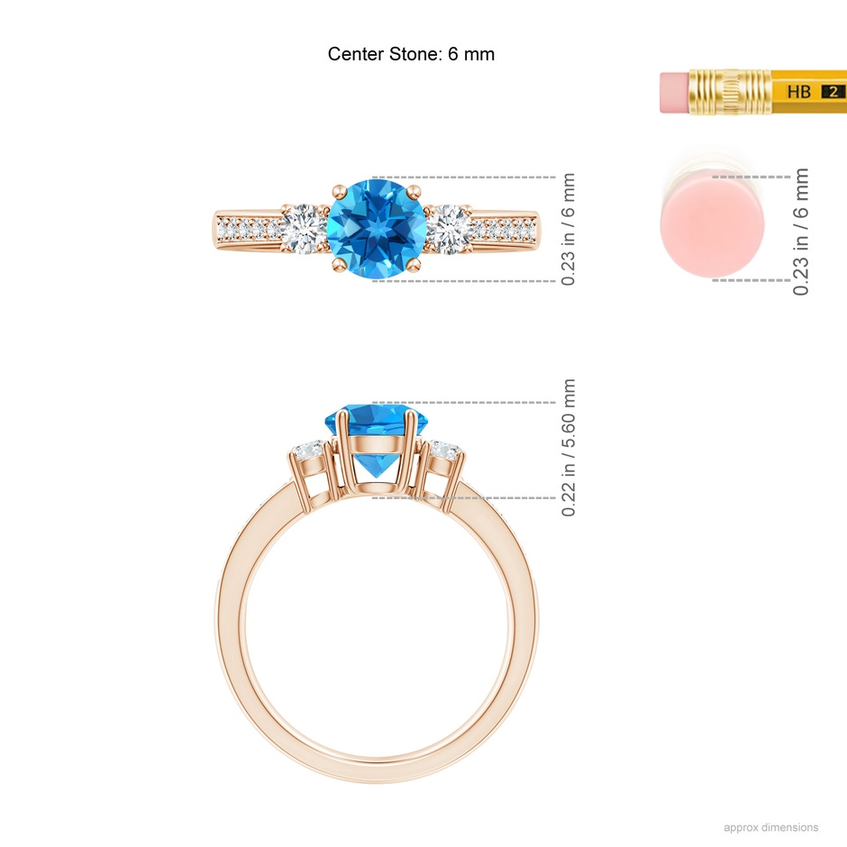 6mm AAAA Classic Three Stone Round Swiss Blue Topaz and Diamond Engagement Ring in Rose Gold ruler