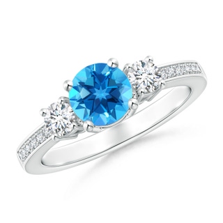 6mm AAAA Classic Three Stone Swiss Blue Topaz and Diamond Ring in White Gold