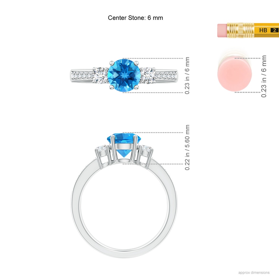 6mm AAAA Classic Three Stone Round Swiss Blue Topaz and Diamond Engagement Ring in White Gold ruler