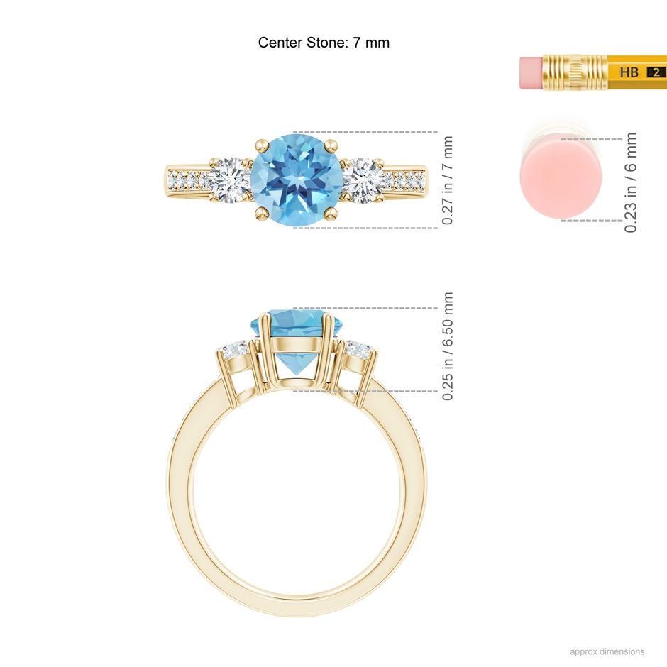 7mm A Classic Three Stone Round Swiss Blue Topaz and Diamond Engagement Ring in 18K Yellow Gold ruler