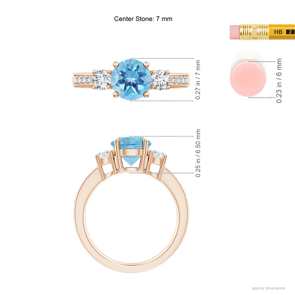 7mm A Classic Three Stone Round Swiss Blue Topaz and Diamond Engagement Ring in Rose Gold ruler