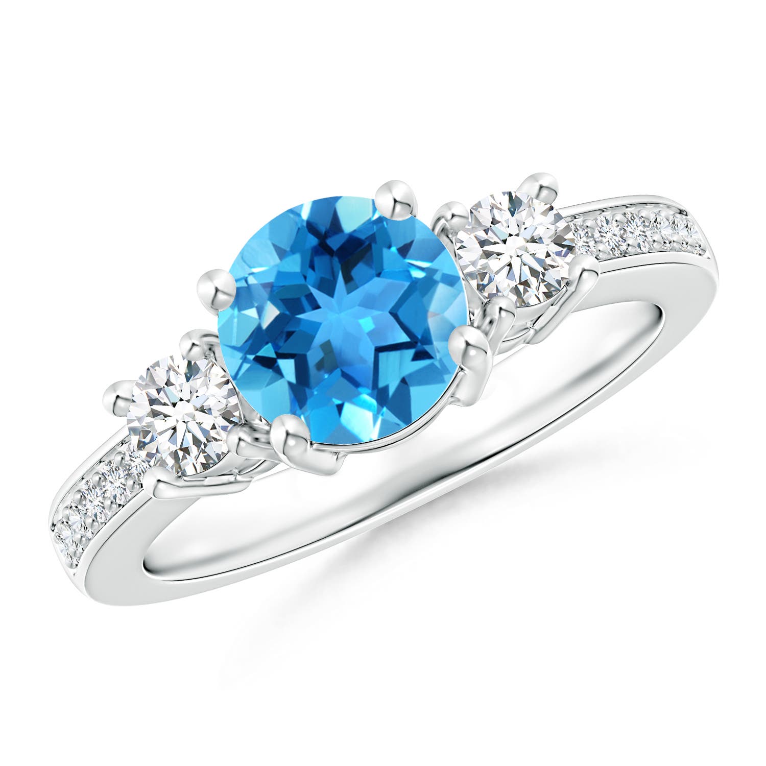 7mm AAA Classic Three Stone Round Swiss Blue Topaz and Diamond Engagement Ring in 18K White Gold