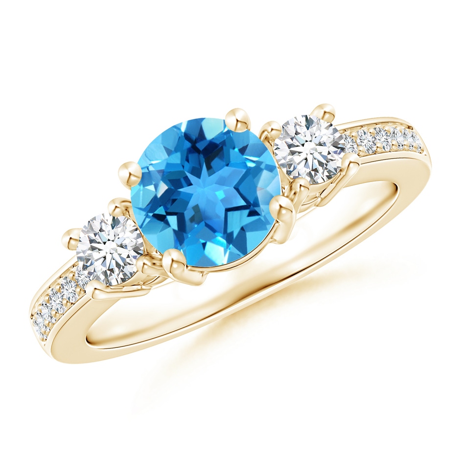 7mm AAA Classic Three Stone Round Swiss Blue Topaz and Diamond Engagement Ring in 18K Yellow Gold 