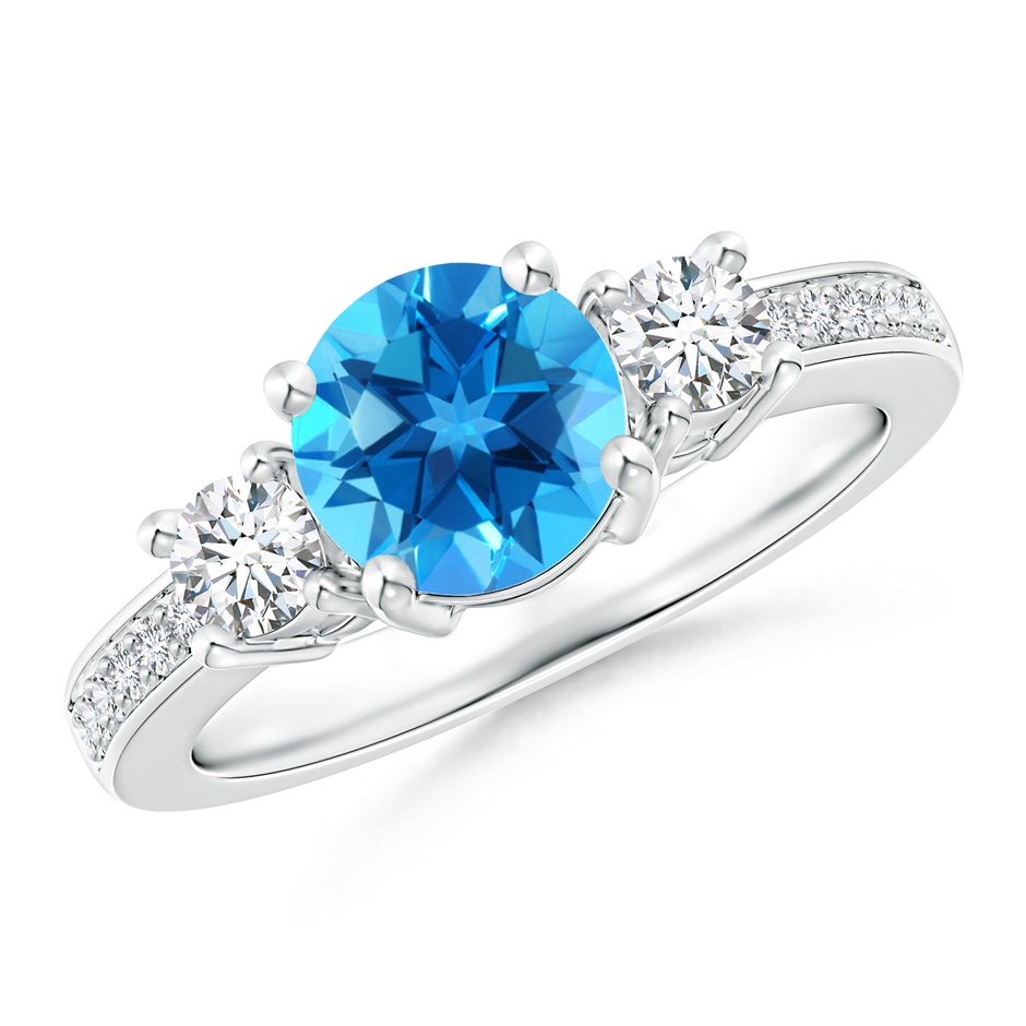 7mm AAAA Classic Three Stone Round Swiss Blue Topaz and Diamond Engagement Ring in 18K White Gold 