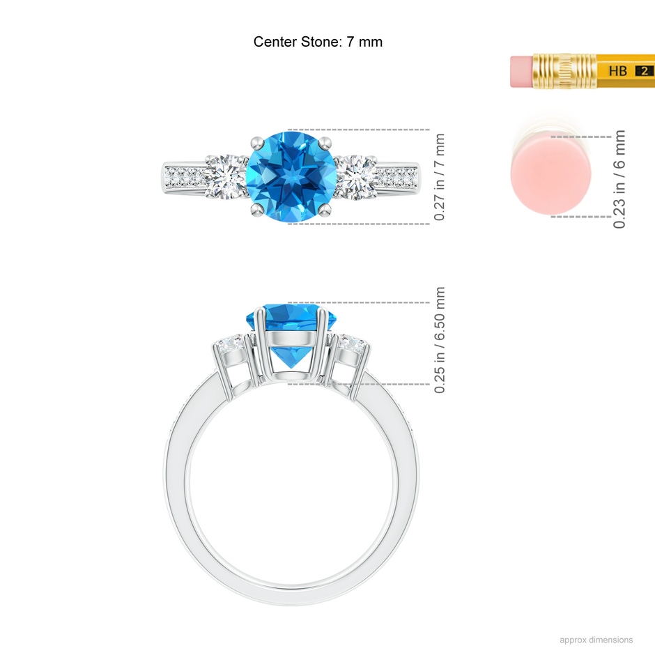 7mm AAAA Classic Three Stone Round Swiss Blue Topaz and Diamond Engagement Ring in 18K White Gold ruler